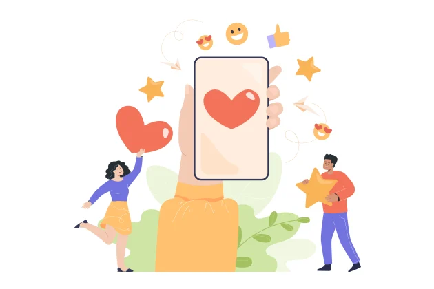 Hand holding phone with heart on screen flat vector illustration